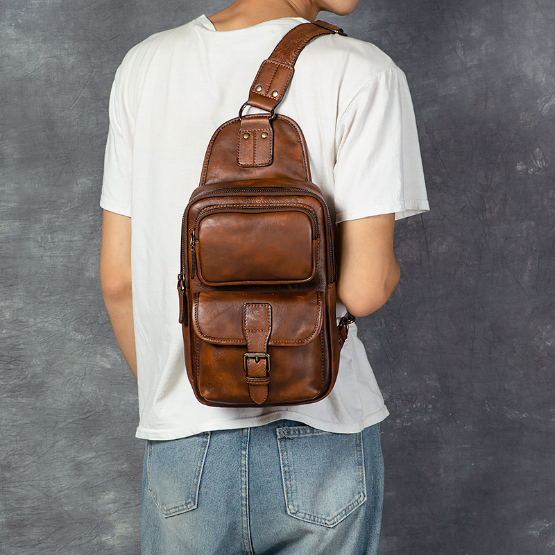 Men's Vintage Fashion Sports Crossbody Shoulder Chest Bag Genuine Leather Vegetable Tanned Double Zipper Durable Large Capacity