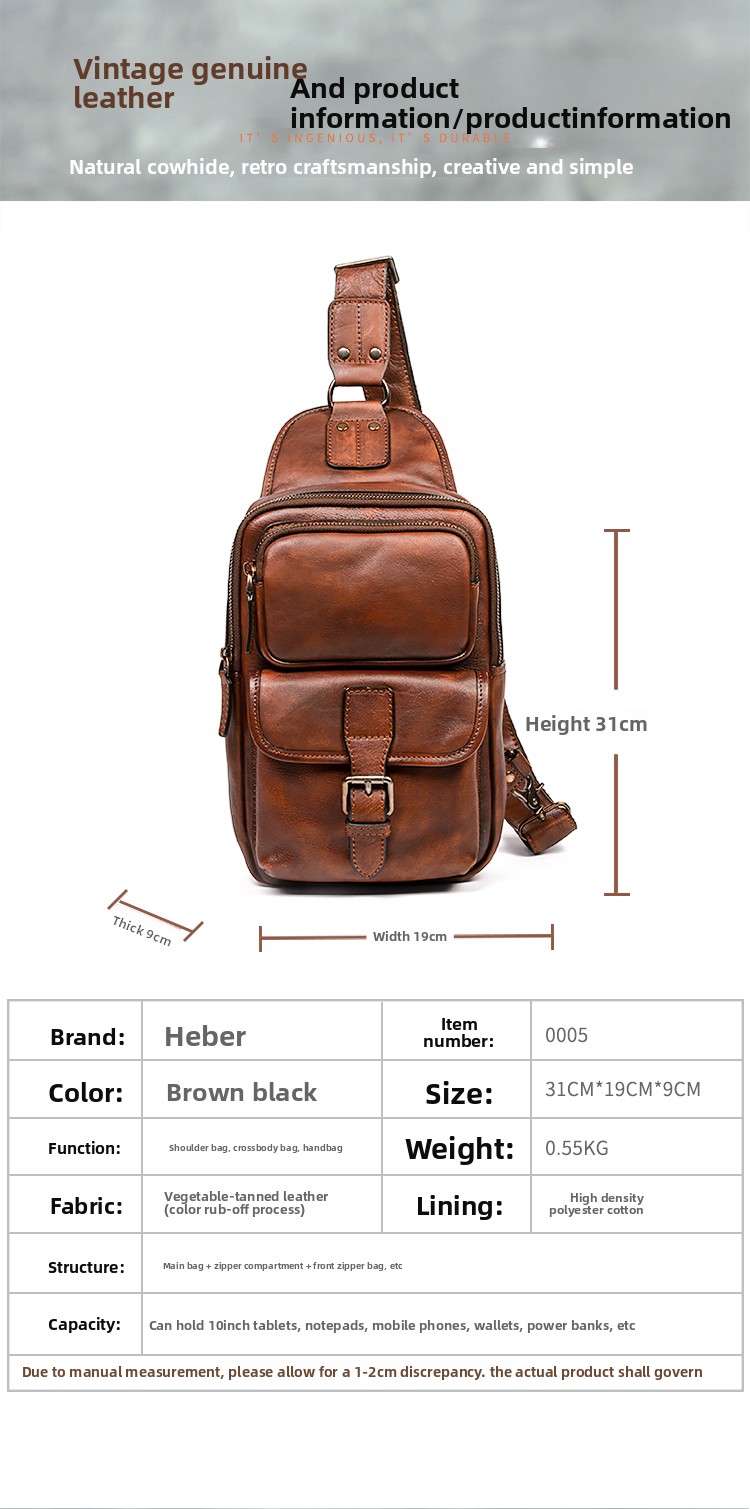 Men's Vintage Fashion Sports Crossbody Shoulder Chest Bag Genuine Leather Vegetable Tanned Double Zipper Durable Large Capacity