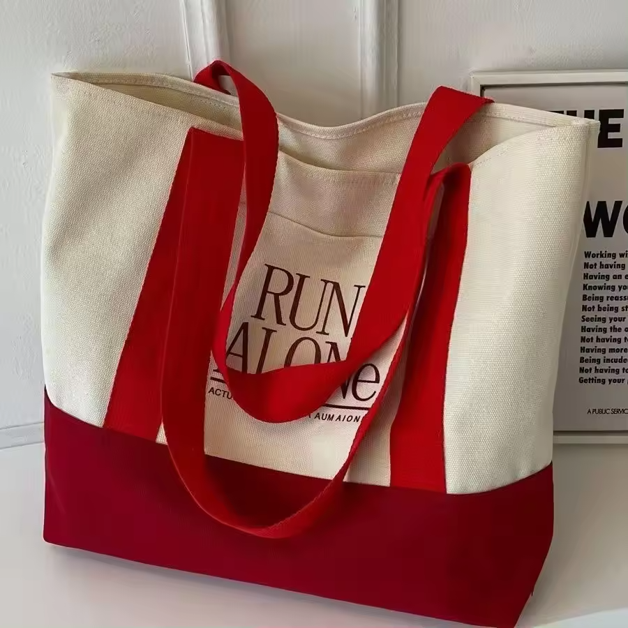 Custom Tote Bag with Logo Printing Blank Pocket and Shoulder Length Handle Medium Cotton Canvas Tote Bag with Ribbon Rope