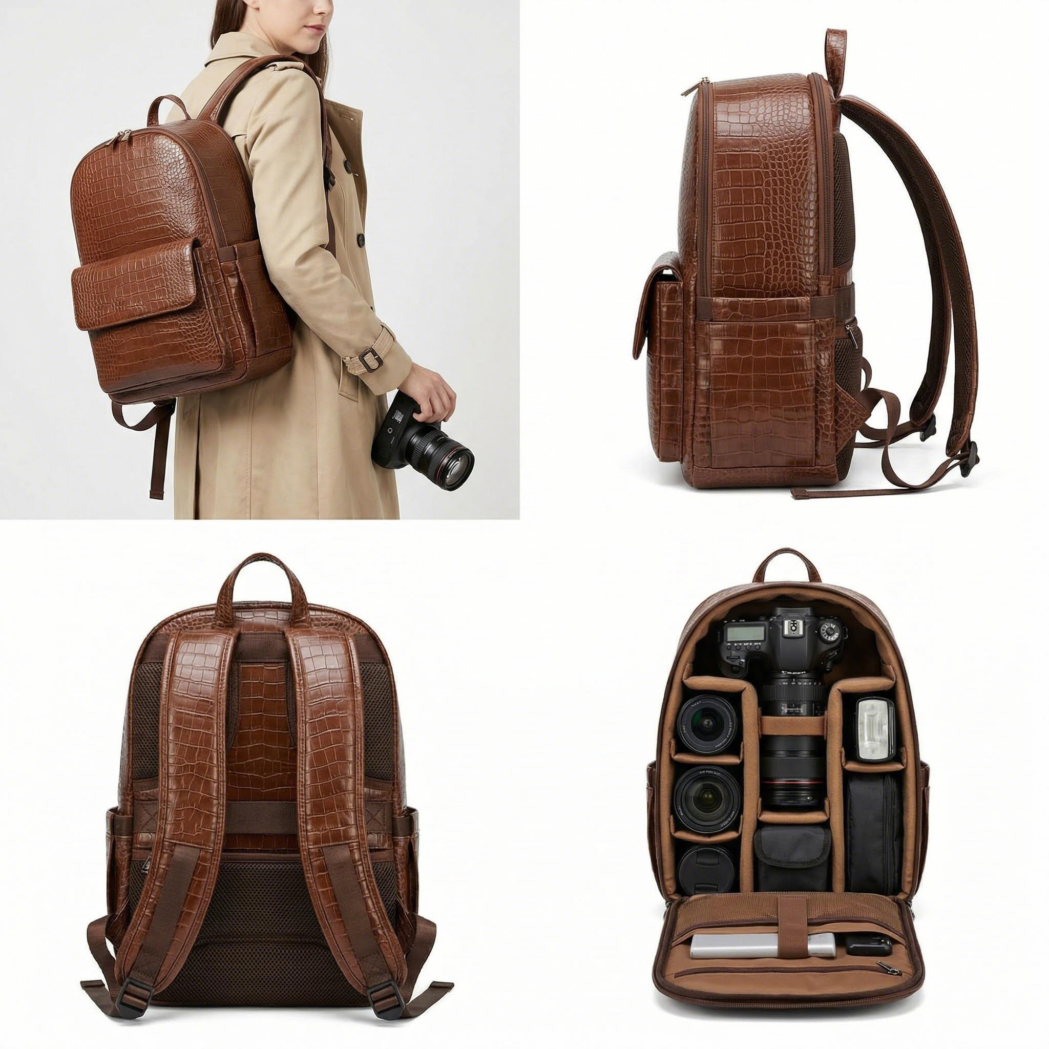 Manufacturer OEM Custom Logo Crocodile Texture Leather Shockproof Large Travel DSLR SLR Digital Gear Lens Camera Backpack