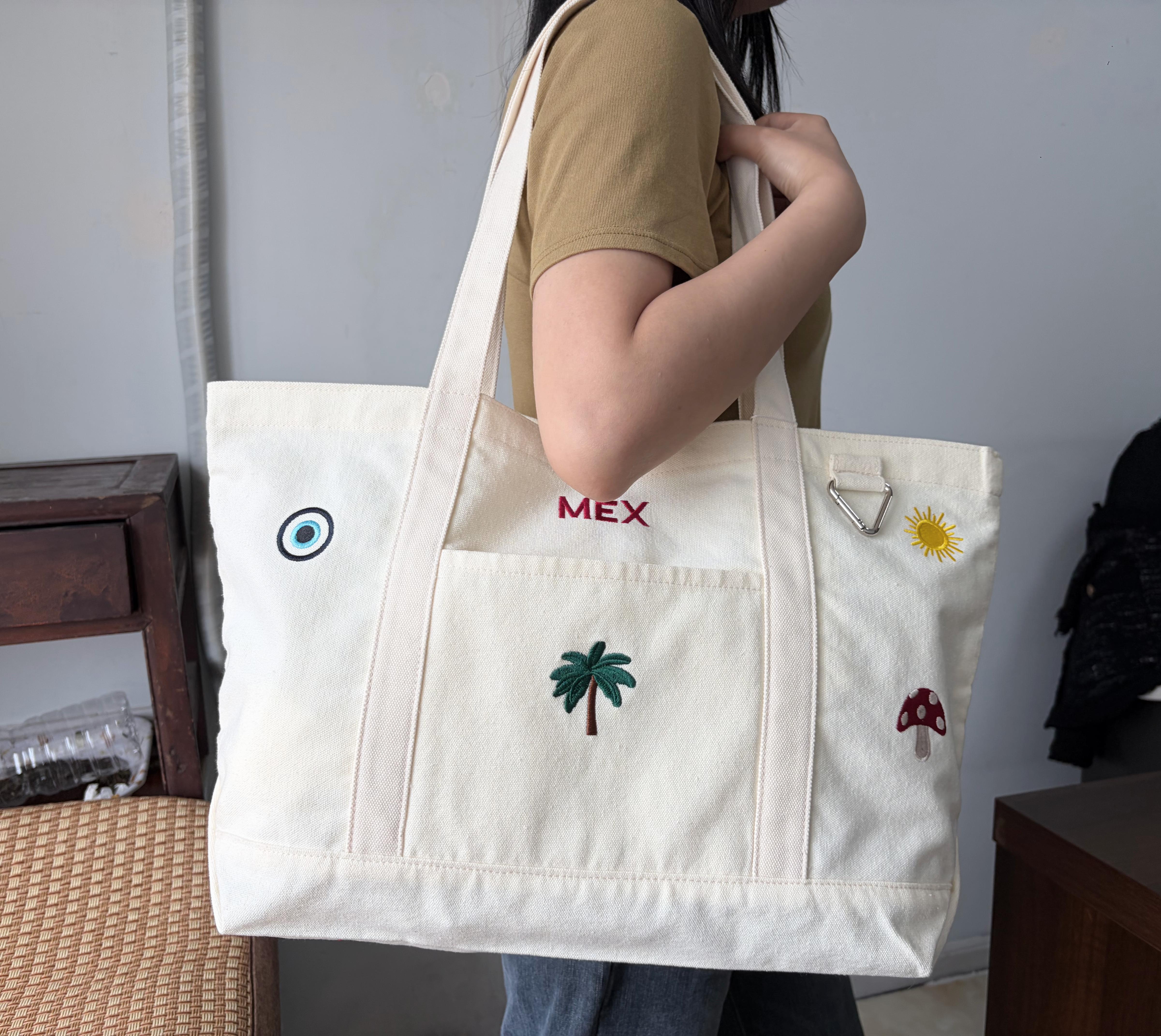 Custom Logo &amp; Customizable Size Embroidered Canvas Shopping Bag Large Capacity Reusable Cotton Tote Heavy Duty Eco Handbag Eco F