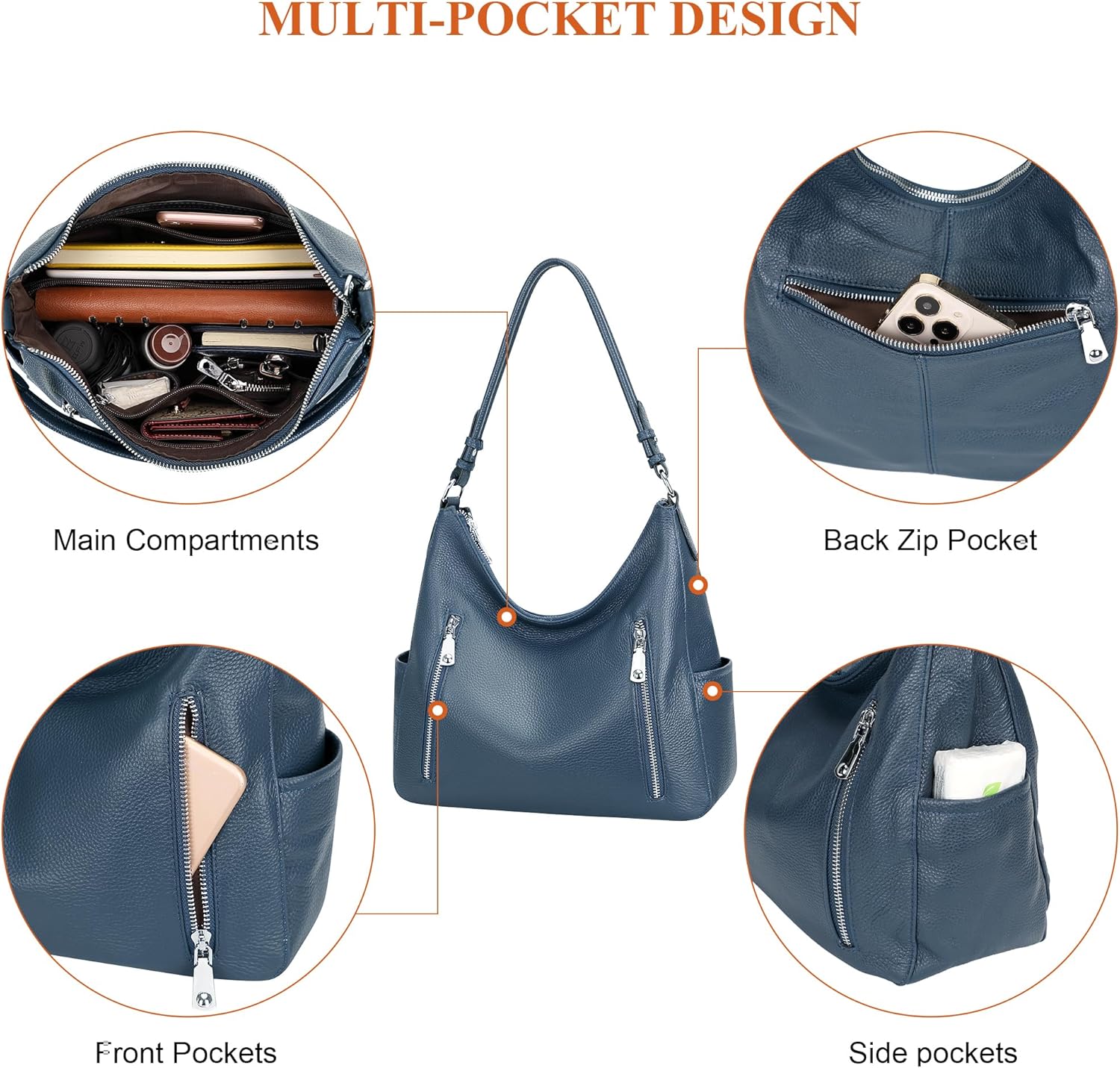 Fashionable Women's Hobo Shoulder Bag Genuine Leather Crossbody Bags Zip Closure Single Strap Medium Size