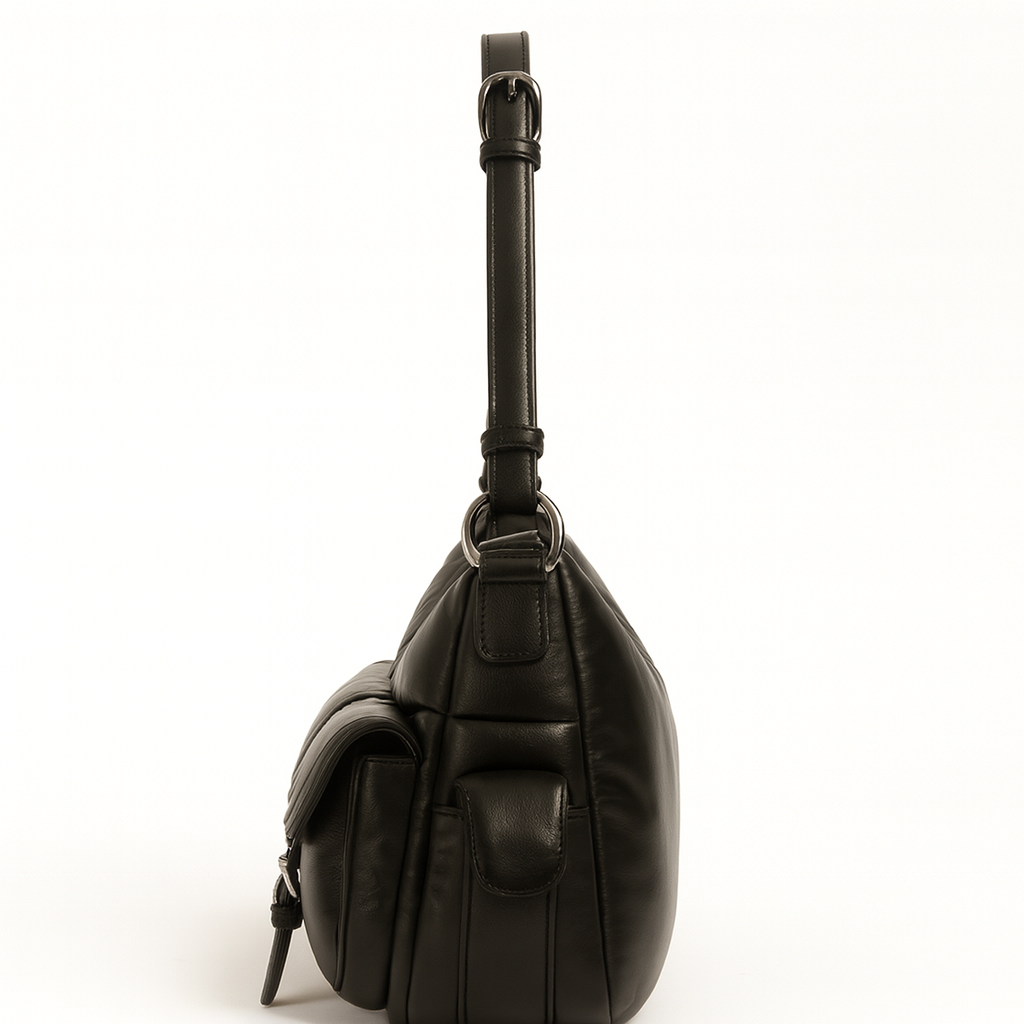 Women Black Soft Nylon Quilted Puffy Hobo Shoulder Bag Multi Pocket With Buckle Flap Pockets for Daily Commute Everyday Use