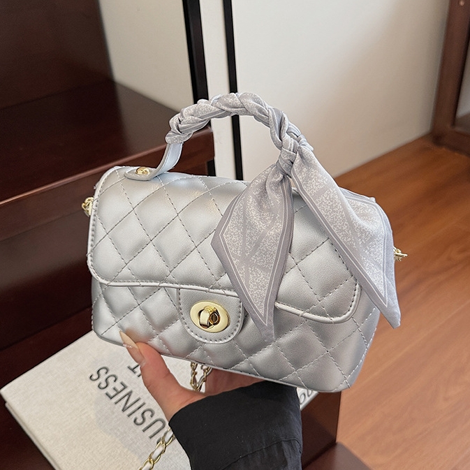 Women's Quilted Pu Crossbody Bag, Mini Chain Shoulder Bag with Silk Scarf Handle, Turn Lock Satchel Purse for Daily Use
