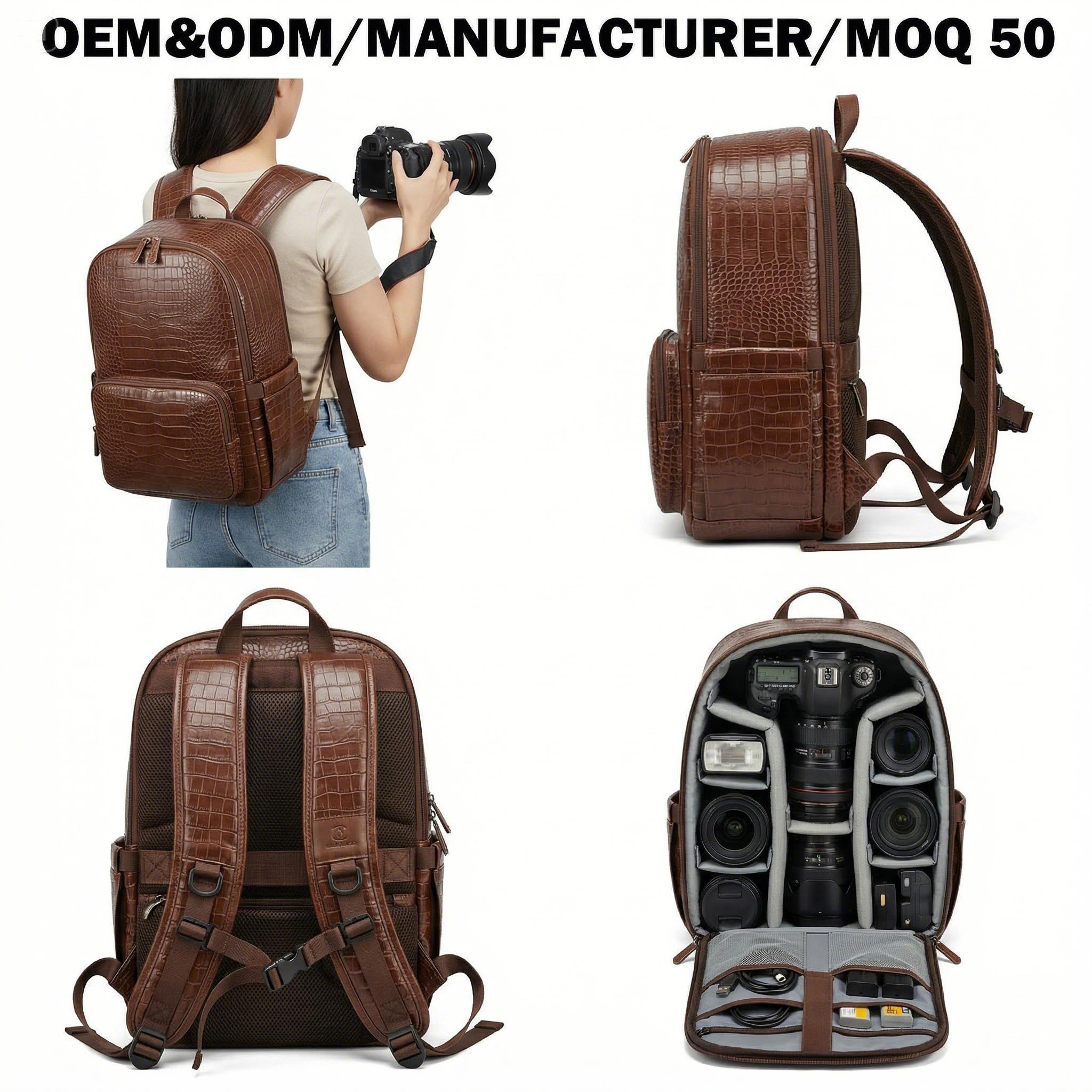 Manufacturer OEM Custom Logo Crocodile Texture Leather Shockproof Large Travel DSLR SLR Digital Gear Lens Camera Backpack