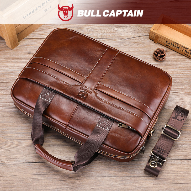 BULLCAPTAIN Men'S Leather Briefcase Large Capacity Multi-functional Casual One-shoulder Messenger Bag Laptop Bag