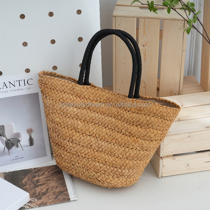 Women's Summer Beach Casual Satchel PP Straw Bag with Cotton Lining Branded Pattern Two Top Handles Natural Shoulder Handbag