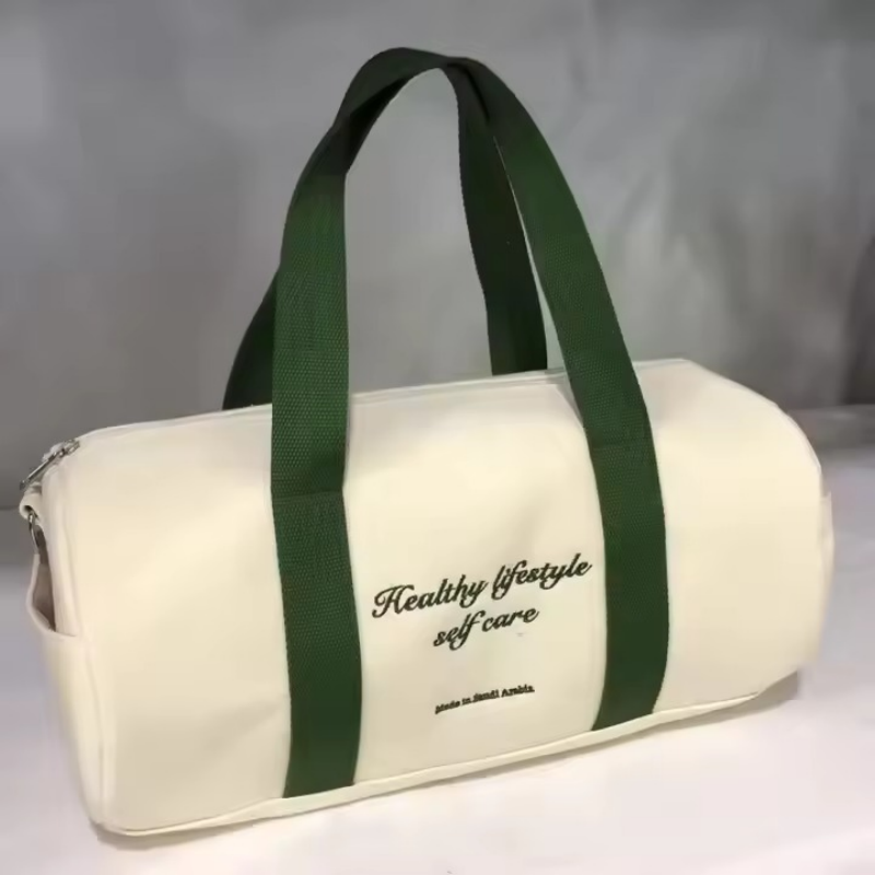 Custom Logo Canvas Fitness Tote Bag Designer Duffel Bag Green Webbing Strap Cream White Cylinder Handbag Sporty