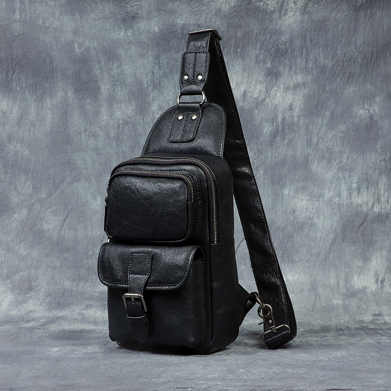Men's Vintage Fashion Sports Crossbody Shoulder Chest Bag Genuine Leather Vegetable Tanned Double Zipper Durable Large Capacity
