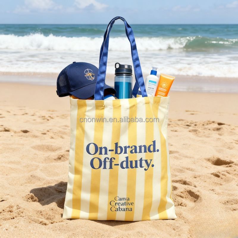 High-Vibe Coastal Cabana Stripes Canvas Tote Sandbar Sun-Safe Essentials Beach Goodie Bag Preppy Tropical Canvas Tote Bag