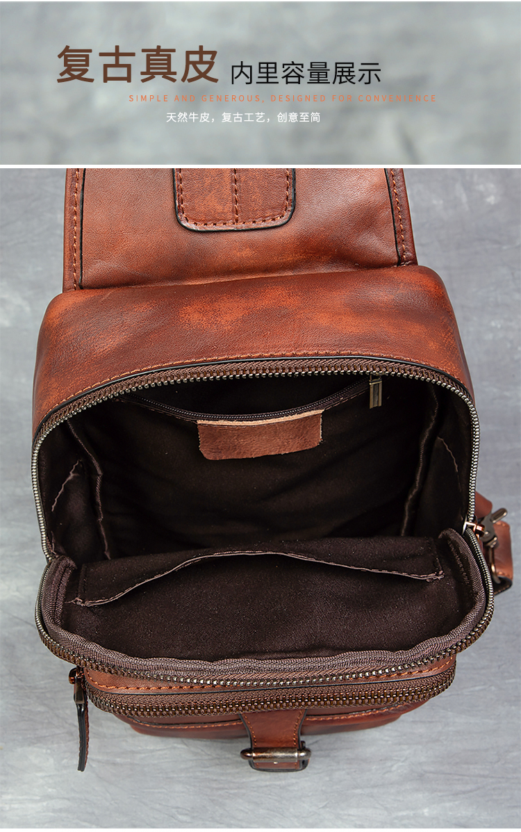 Men's Vintage Fashion Sports Crossbody Shoulder Chest Bag Genuine Leather Vegetable Tanned Double Zipper Durable Large Capacity