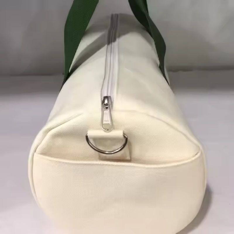 Custom Logo Canvas Fitness Tote Bag Designer Duffel Bag Green Webbing Strap Cream White Cylinder Handbag Sporty