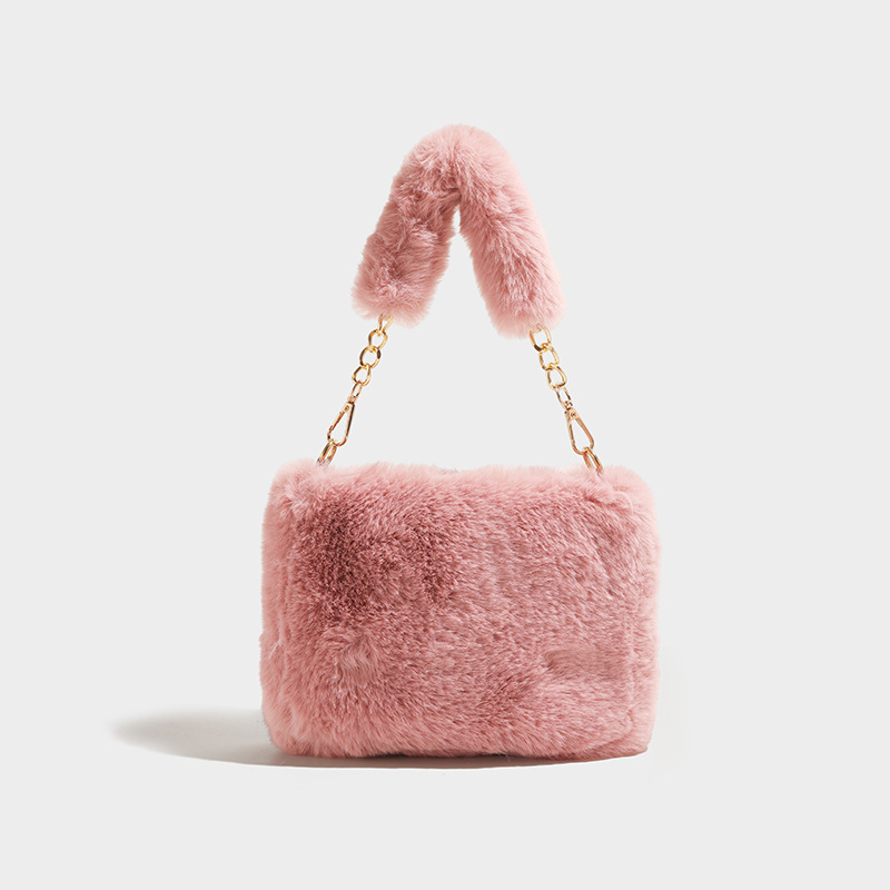 2025 New Fashionable Open-Close Women's Plush Messenger Bag Cute Furry Satchel Shoulder Chain Crossbody Bag