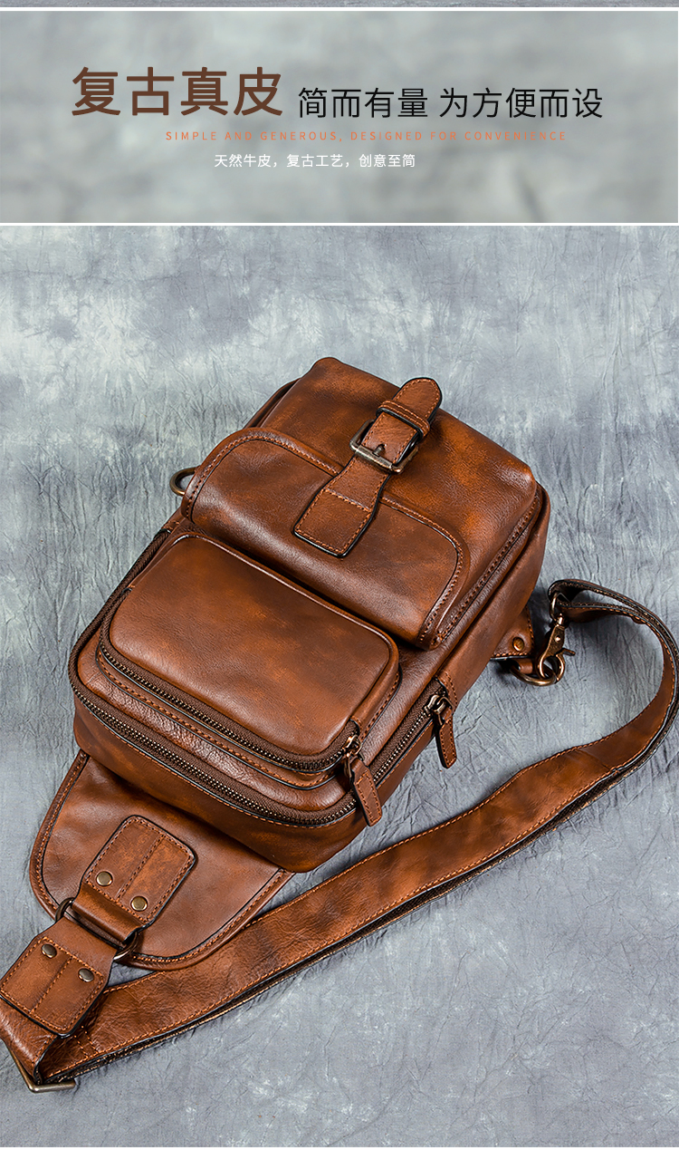 Men's Vintage Fashion Sports Crossbody Shoulder Chest Bag Genuine Leather Vegetable Tanned Double Zipper Durable Large Capacity