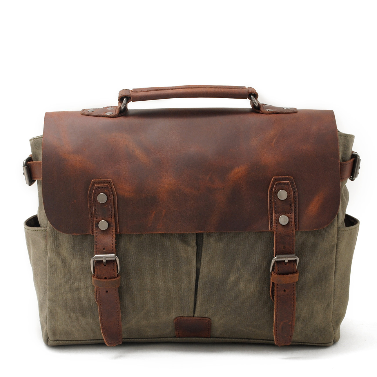 Retro Waxed Canvas with Crazy Horse Leather Crossbody Bag, Business Briefcase Handheld Crossbody Bag, Men's Fashion Shoulder Bag