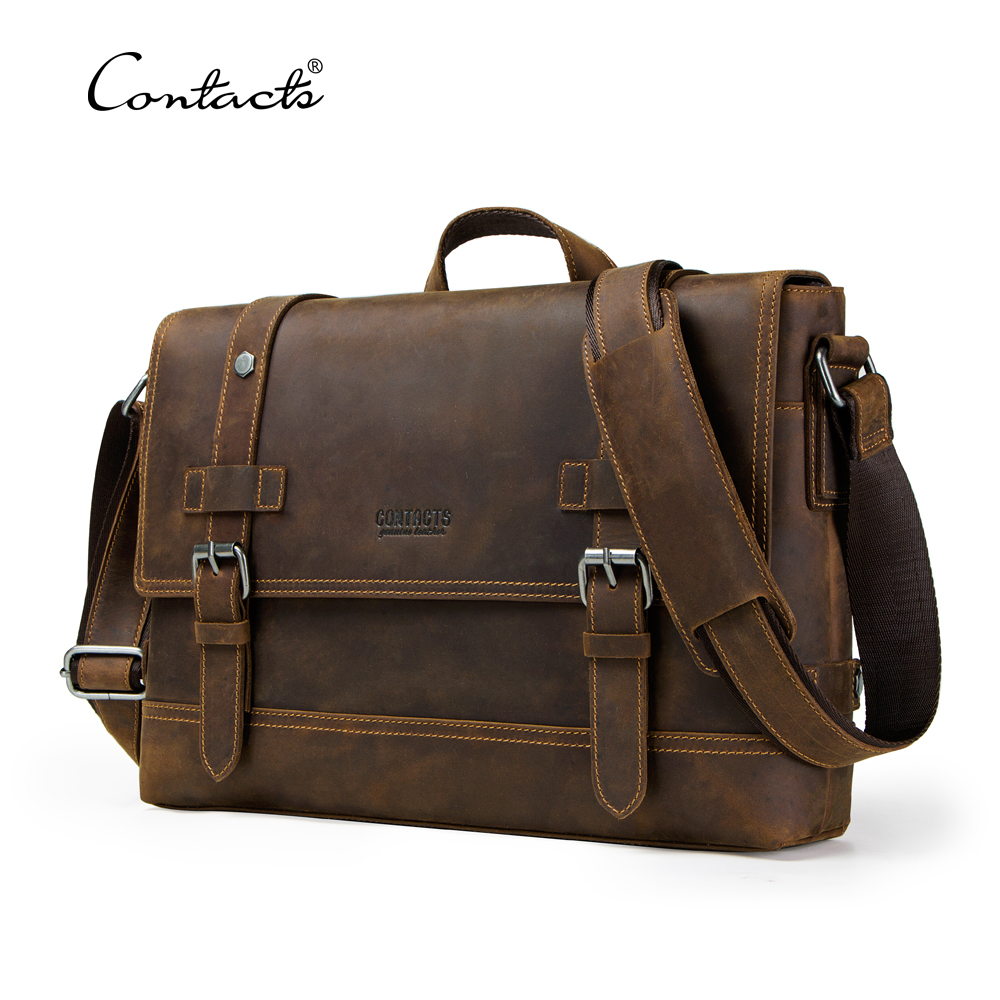 Contact's Drop Shipping Luxury Crazy Horse Leather Briefcase Men Satchel Laptop Genuine Leather Soft Bag Briefcase for 12 Inches