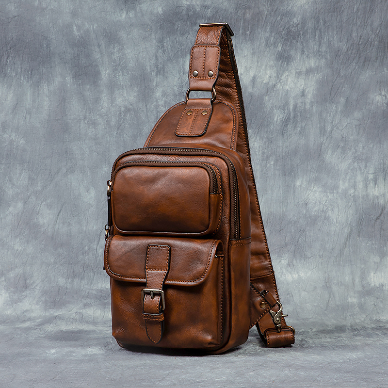 Men's Vintage Fashion Sports Crossbody Shoulder Chest Bag Genuine Leather Vegetable Tanned Double Zipper Durable Large Capacity