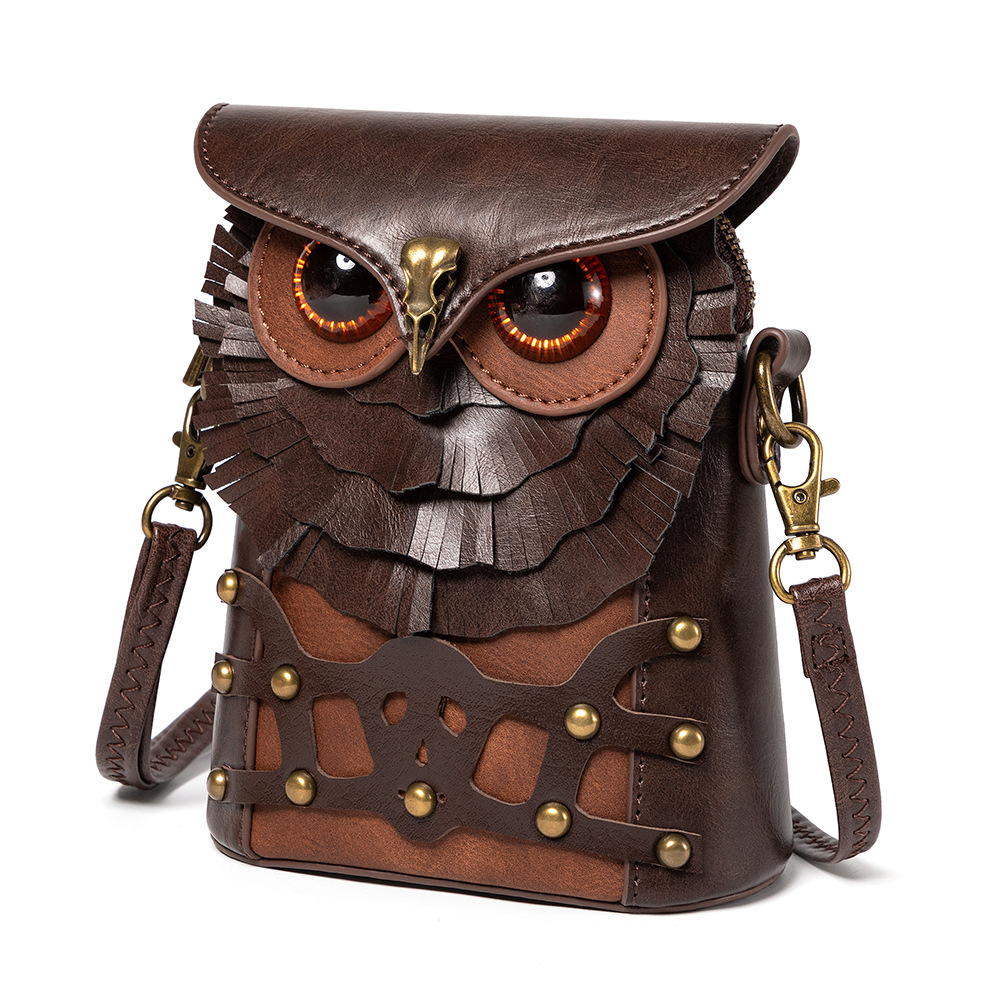 New Fashion Medieval Steampunk Women's Single Strap Zipper Closure Crossbody Bag-Creative Owl Mini Coin Purse Satchel