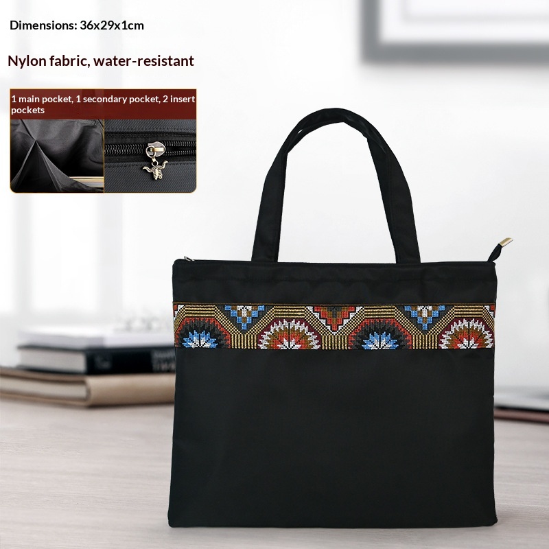 2025 Factory Direct Order Special Ethnic Style Embroidered Canvas Waterproof Multifunctional Briefcase Handheld Document Bag