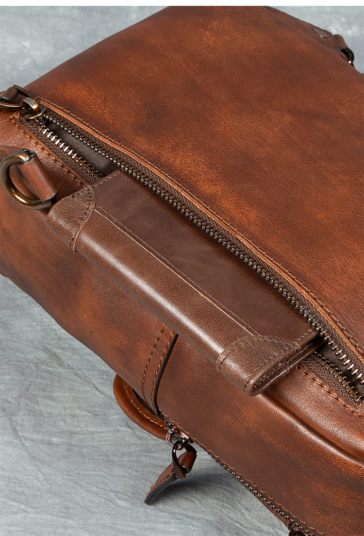 Men's Vintage Fashion Sports Crossbody Shoulder Chest Bag Genuine Leather Vegetable Tanned Double Zipper Durable Large Capacity