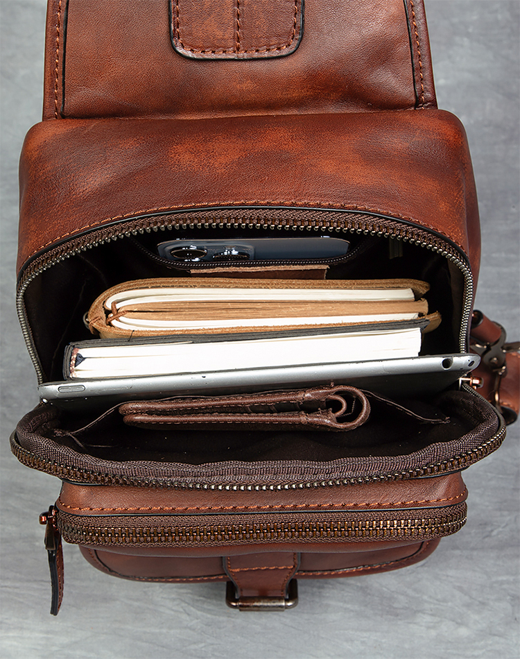 Men's Vintage Fashion Sports Crossbody Shoulder Chest Bag Genuine Leather Vegetable Tanned Double Zipper Durable Large Capacity