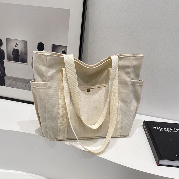 Wholesale Eco-Friendly Webbing Handle Canvas Cotton Tote Bag Customized Logo Women Tote Shopping Bag Ith Zipper And Pocket