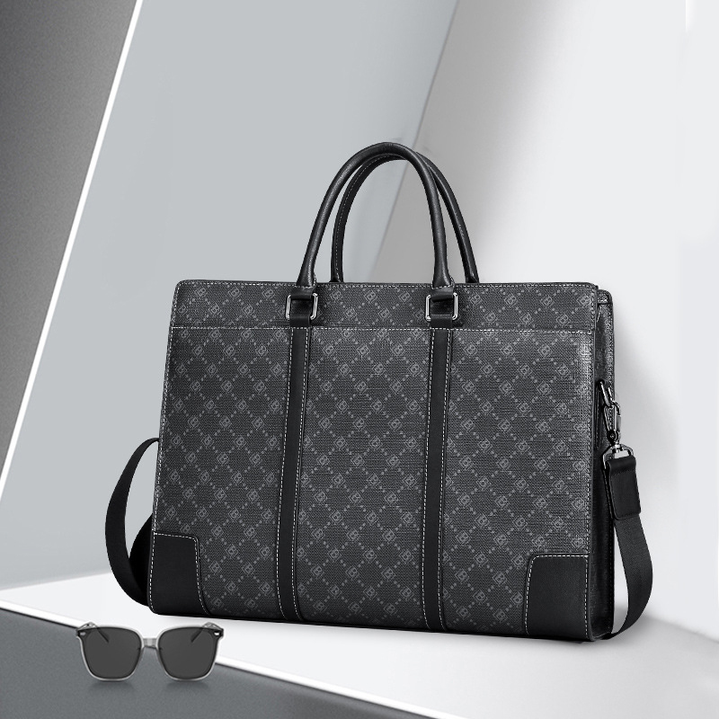 Luxury Design Full Embossed logo Business Laptop Computer Messenger Bags Black Genuine Real Leather Lawyer Briefcases for Men