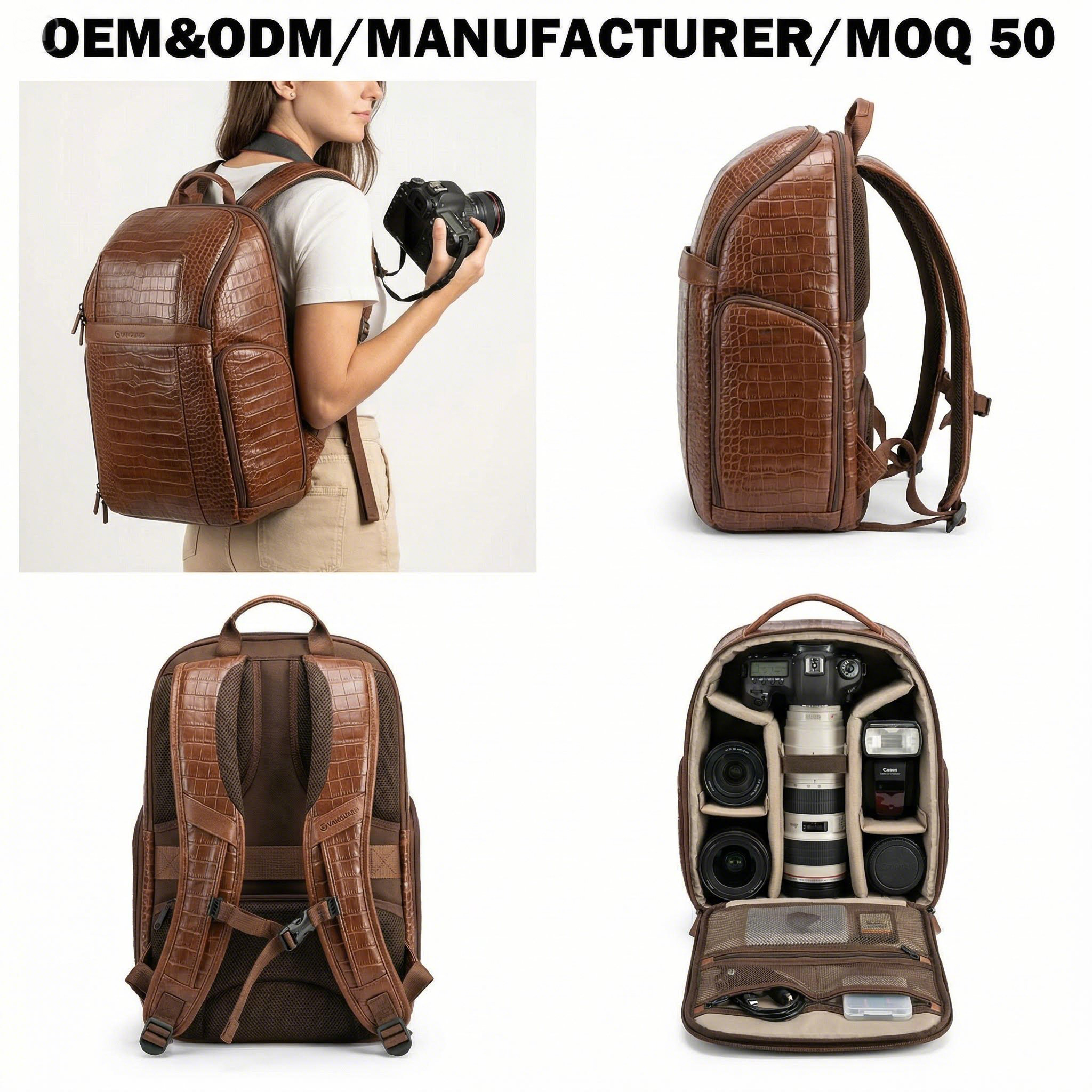 Manufacturer OEM Custom Logo Crocodile Texture Leather Shockproof Large Travel DSLR SLR Digital Gear Lens Camera Backpack