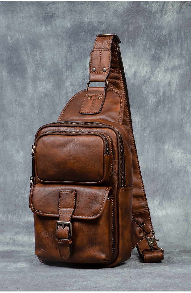Men's Vintage Fashion Sports Crossbody Shoulder Chest Bag Genuine Leather Vegetable Tanned Double Zipper Durable Large Capacity