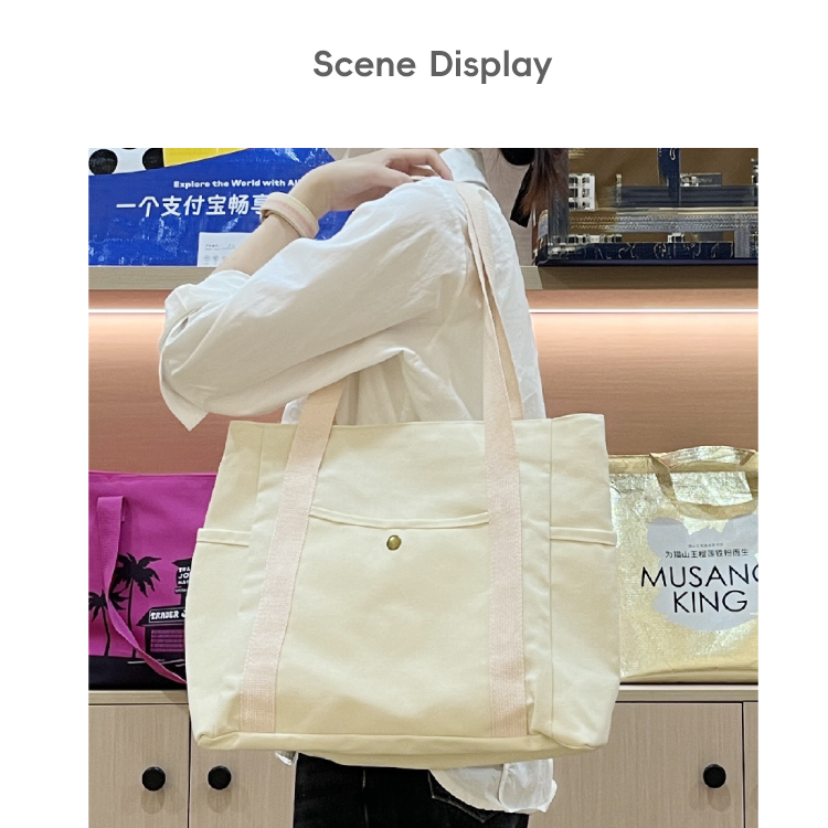 Soft Elegant Women's Custom Logo 16oz Cotton Tote Bag Canvas Shopping Bag With Pockets And Shoulder Strap Reusabele Foldable