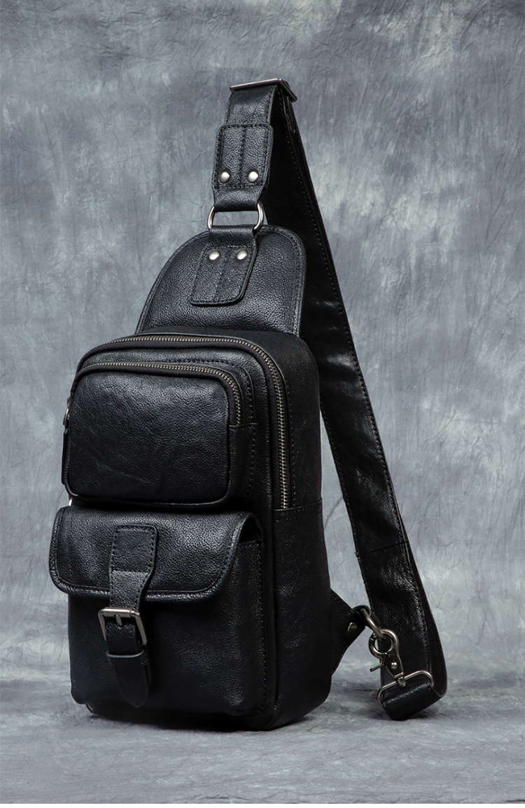 Men's Vintage Fashion Sports Crossbody Shoulder Chest Bag Genuine Leather Vegetable Tanned Double Zipper Durable Large Capacity