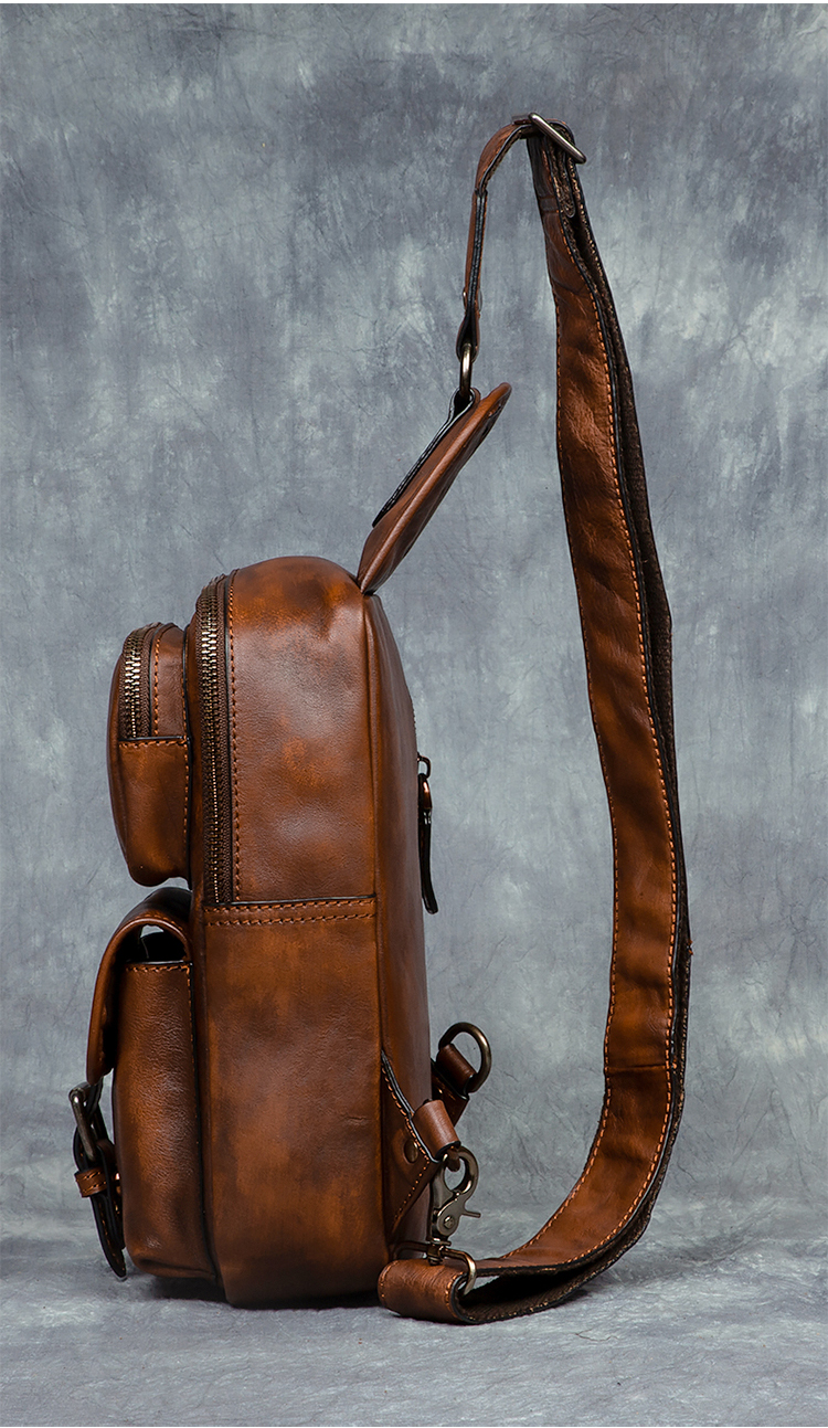 Men's Vintage Fashion Sports Crossbody Shoulder Chest Bag Genuine Leather Vegetable Tanned Double Zipper Durable Large Capacity