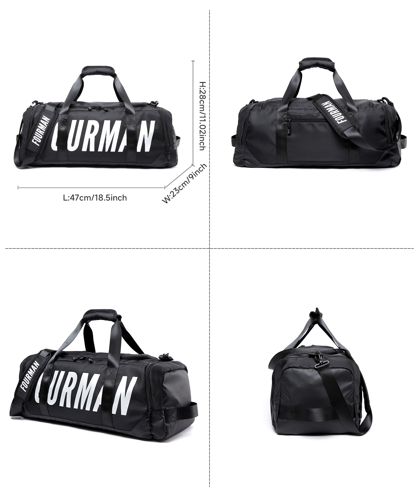 FOURMAN Fashion Unisex Waterproof Oxford Duffle Bag with Zipper Closure and Backpack Straps for Gym Sports Travel
