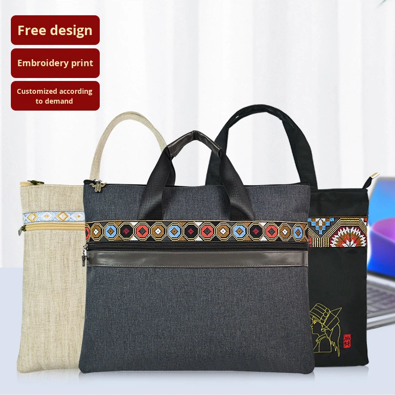 2025 Factory Direct Order Special Ethnic Style Embroidered Canvas Waterproof Multifunctional Briefcase Handheld Document Bag