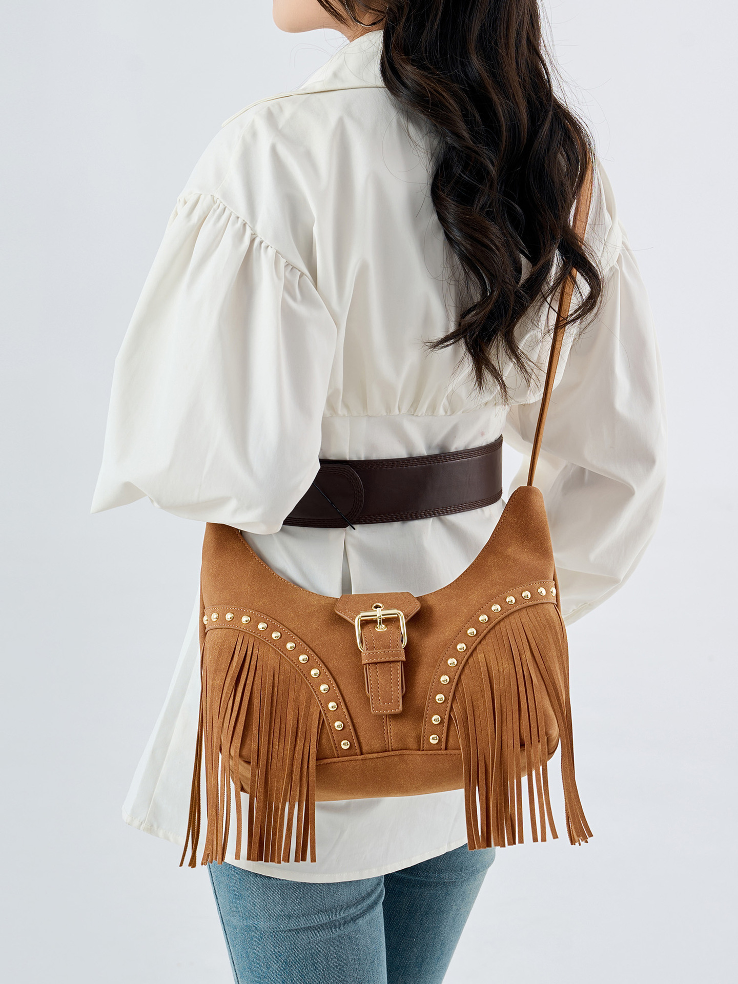 Jialing Retro Rivet Single Shoulder Crossbody Bag with Tassel Fashion Large Capacity Trendy Women Underarm Designer Brand Bag