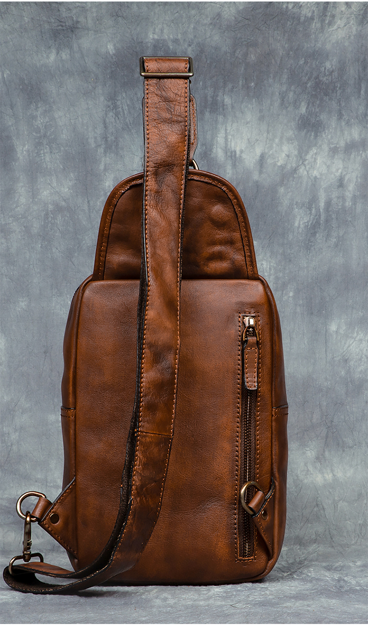 Men's Vintage Fashion Sports Crossbody Shoulder Chest Bag Genuine Leather Vegetable Tanned Double Zipper Durable Large Capacity
