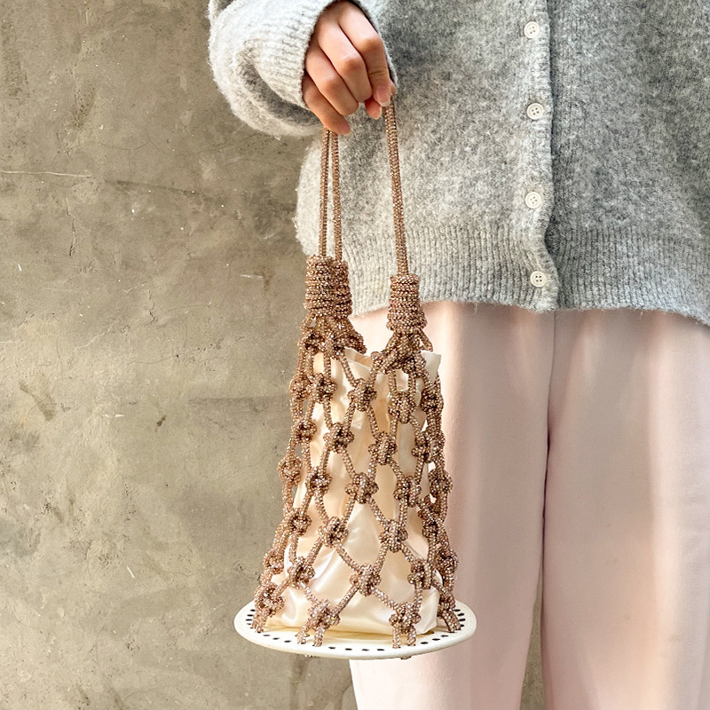 French Style Gentle Flash Diamond Net Bag Handbag Handmade Woven Hollow Bucket Bag Celebrity Style Dinner Underarm Light