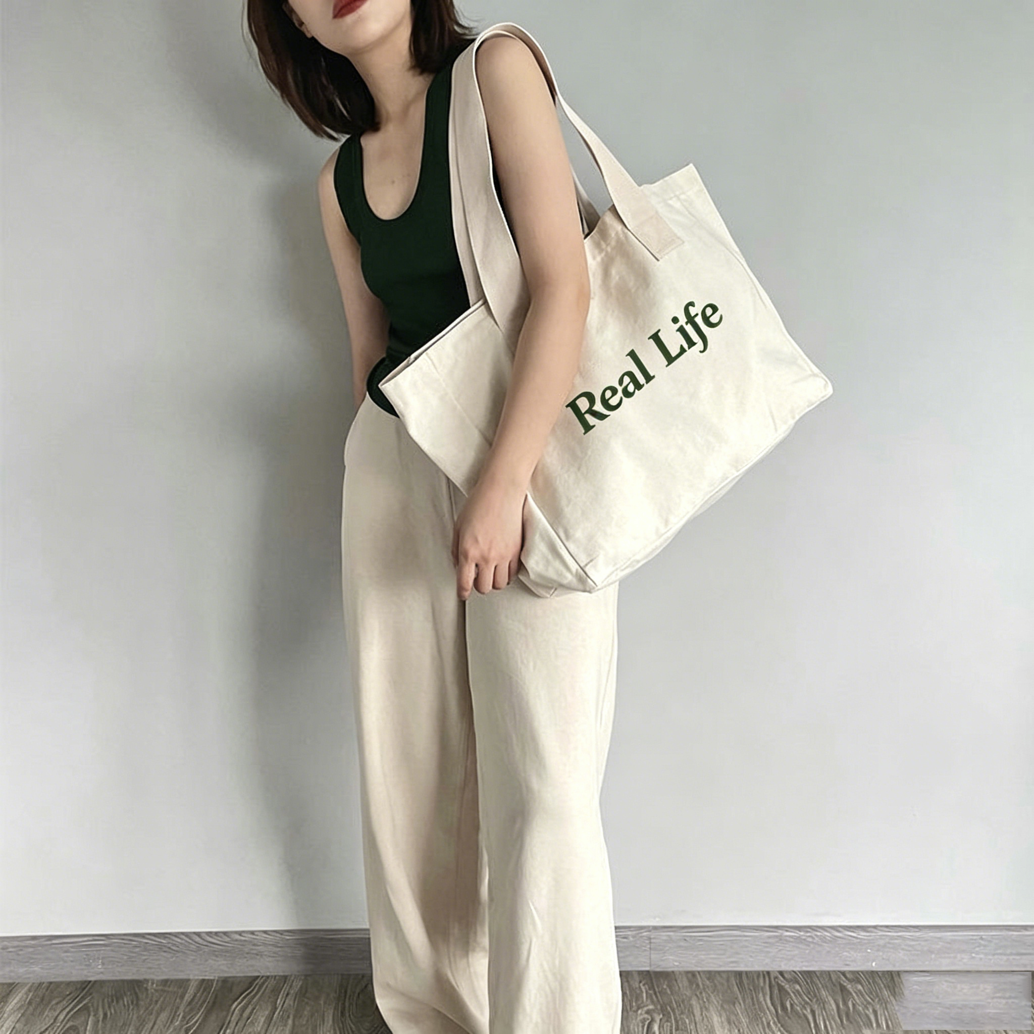 Large Capacity Canvas Tote Bag Customized Logo Solid Color Letter Printing Organic Cotton Canvas Tote Bag