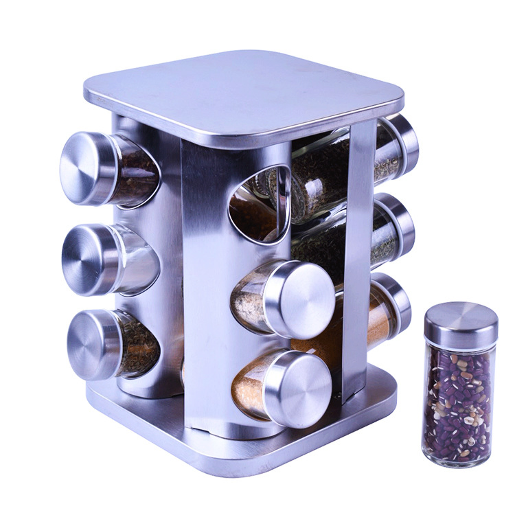 Manufacturer Kitchen Supplies Stainless Steel Rotating Seasoning Jar 12 Jars Glass Seasoning Bottle Set Seasoning Rack Cross-Border Hot Sale