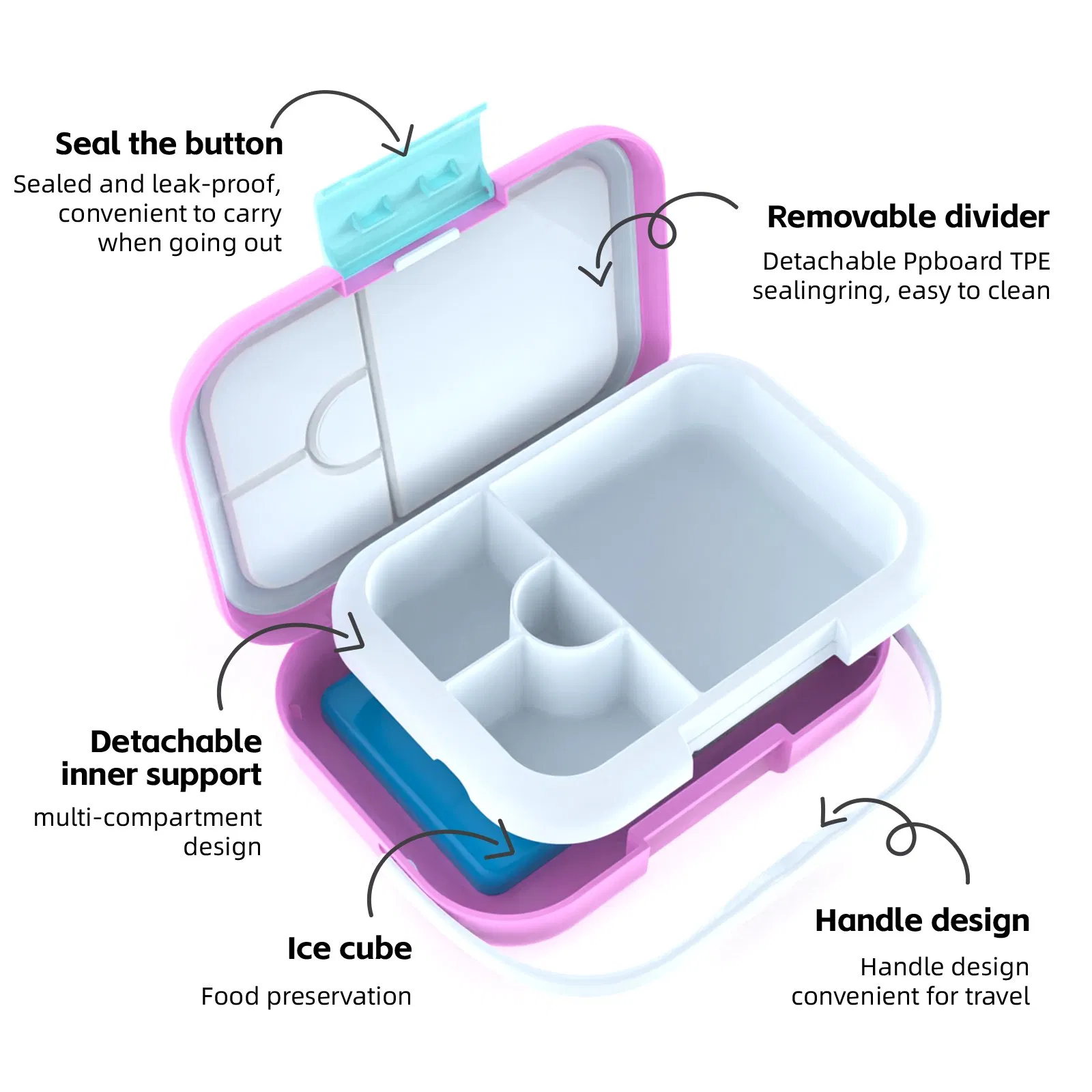 Aohea BPA-Free Lunch Bento Box - 3 Compartments, 3 Detachable Trays with Removable Sections, Tritan Material, Airlight Design, Ideal for Meal Prep &amp; on-The-Go
