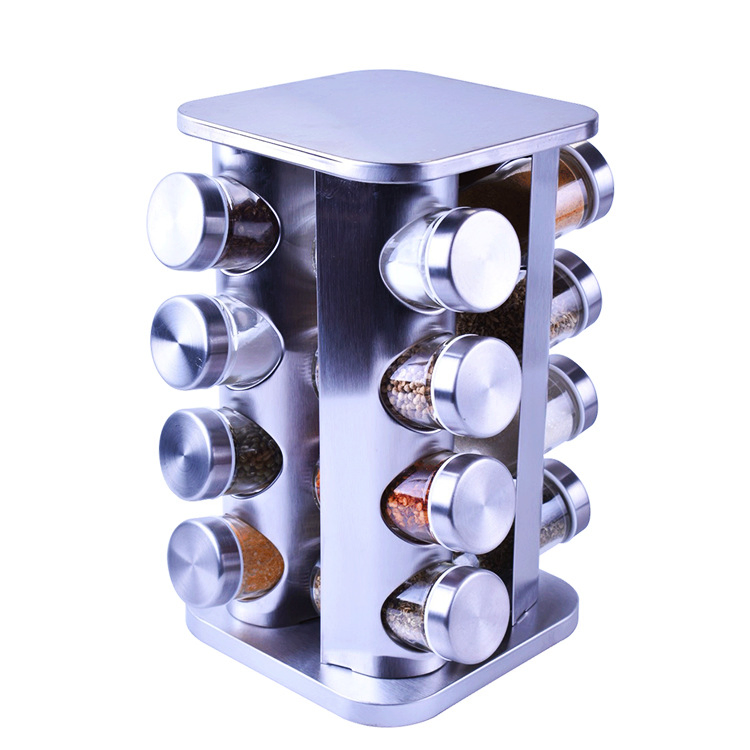 Manufacturer Kitchen Supplies Stainless Steel Rotating Seasoning Jar 12 Jars Glass Seasoning Bottle Set Seasoning Rack Cross-Border Hot Sale