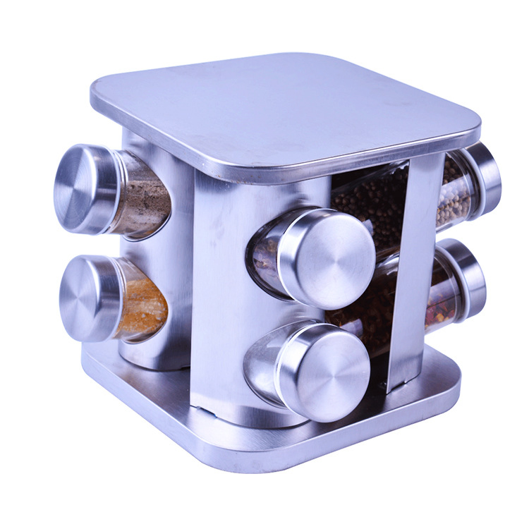 Manufacturer Kitchen Supplies Stainless Steel Rotating Seasoning Jar 12 Jars Glass Seasoning Bottle Set Seasoning Rack Cross-Border Hot Sale