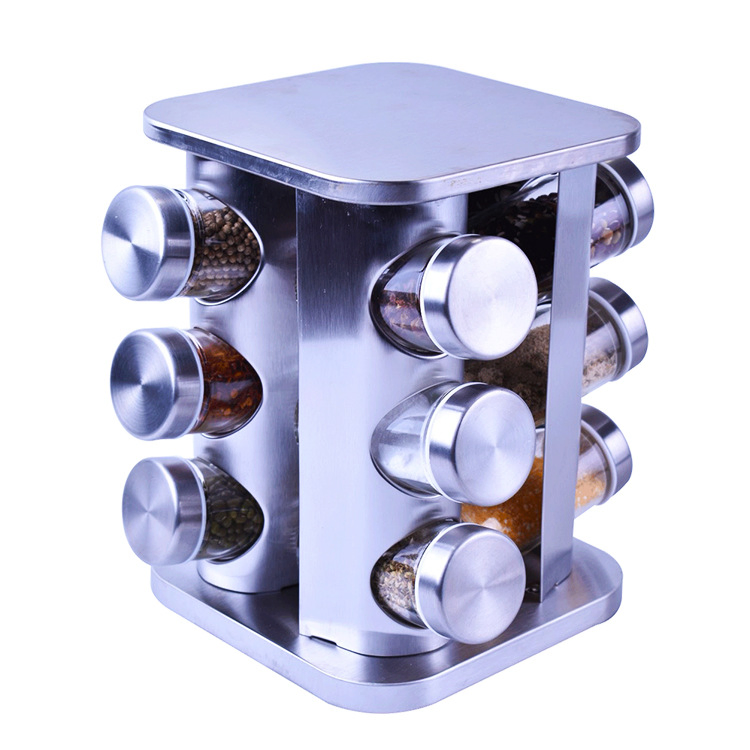 Manufacturer Kitchen Supplies Stainless Steel Rotating Seasoning Jar 12 Jars Glass Seasoning Bottle Set Seasoning Rack Cross-Border Hot Sale