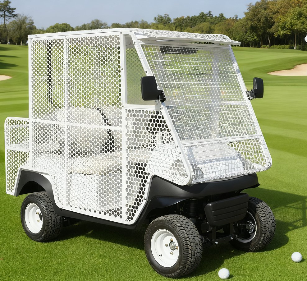 Mesh-Enclosed White Golf Cart for Golf Ball &amp; Tool Hauling on Courses