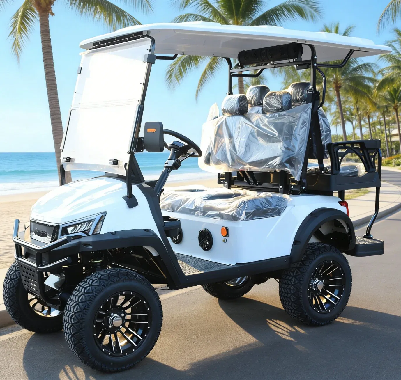 White 4-Seat Golf Cart with Rear Storage for Ski Resort Shuttles