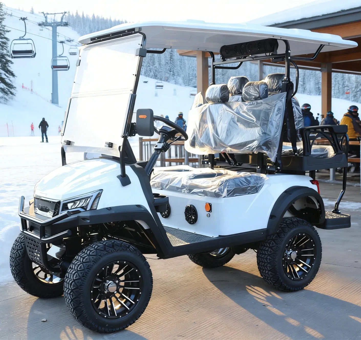 White 4-Seat Golf Cart with Rear Storage for Ski Resort Shuttles