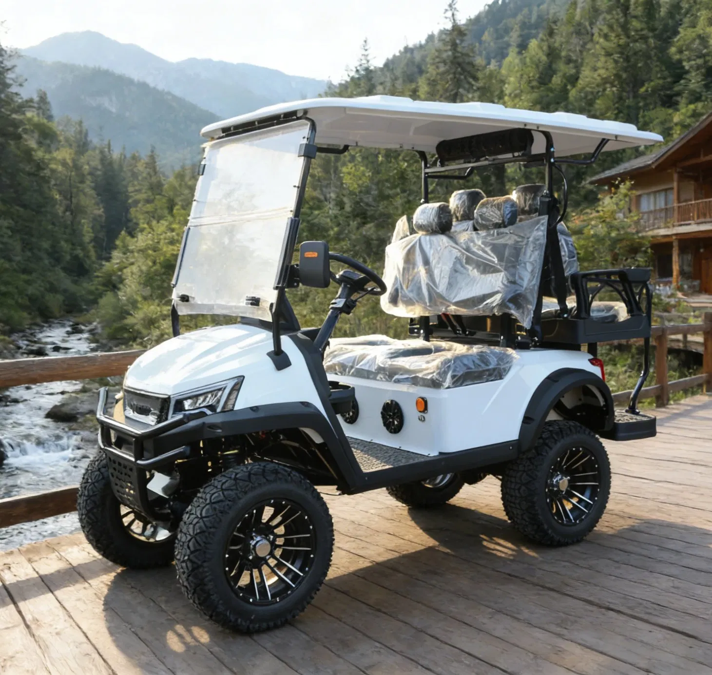 White 4-Seat Golf Cart with Rear Storage for Ski Resort Shuttles