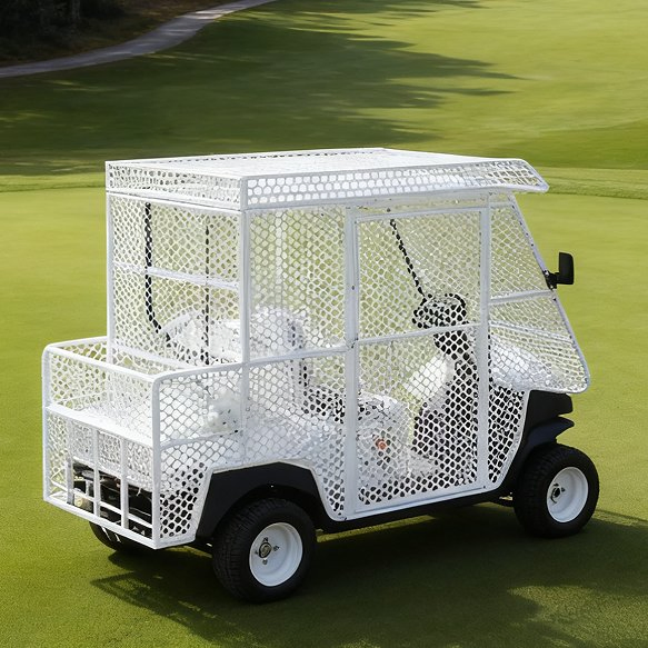 Mesh-Enclosed White Golf Cart for Golf Ball &amp; Tool Hauling on Courses