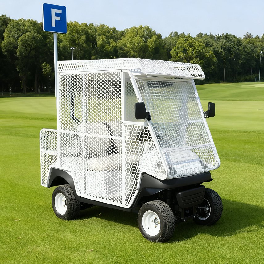 Mesh-Enclosed White Golf Cart for Golf Ball &amp; Tool Hauling on Courses