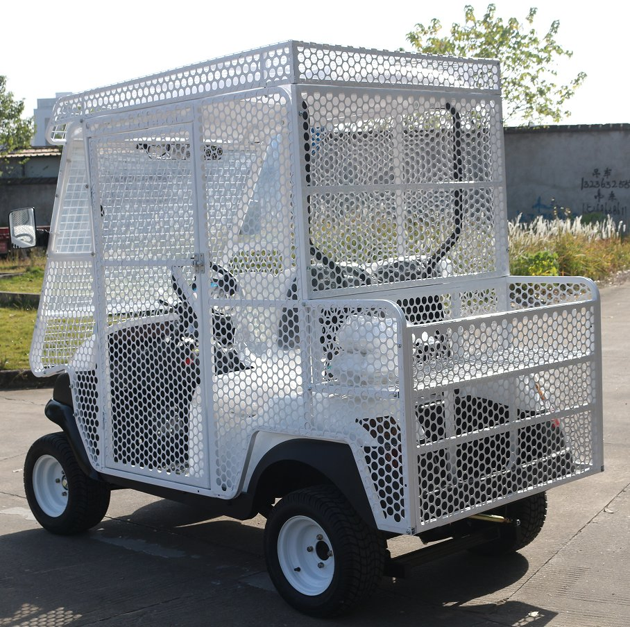 Mesh-Enclosed White Golf Cart for Golf Ball &amp; Tool Hauling on Courses